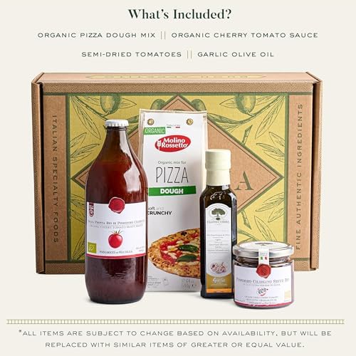 Mercato di Bellina Organic Pizza Kit Gift Basket - Authentic Homemade Pizza Making Kit for Home Chefs, Italian Gift Basket Includes Organic Crust Mix, Sauce, Garlic EVOO & Sun-Dried Tomatoes