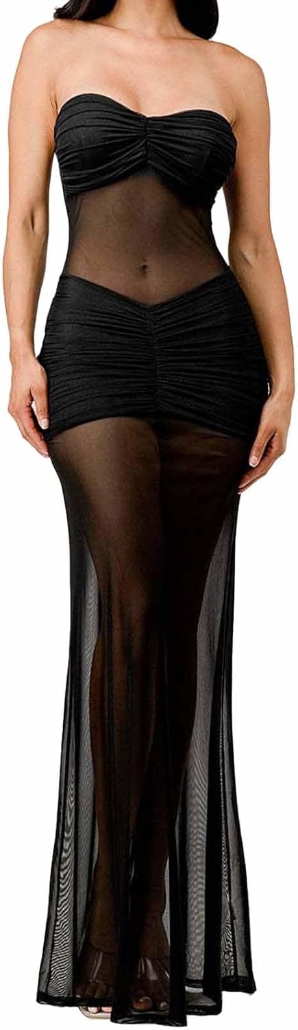 Sexy Sheer Mesh Dresses for Women See Through Bodycon Maxi Dress Outfits Club