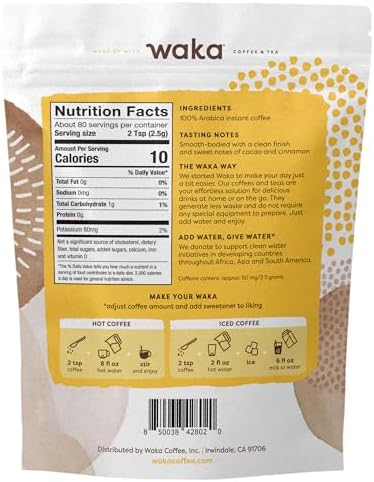 Waka Premium Instant Coffee Pouches — 100% Arabica Freeze Dried Beans — For Hot or Iced Coffee (8 Ounces, House Roast)
