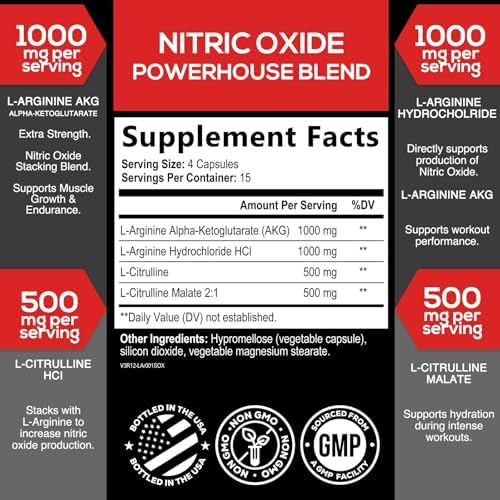 Extra Strength Nitric Oxide Booster - 3X Strength L-Arginine AKG & Citrulline Malate - Men & Women Premium Pre Workout Nitric Booster - Natural Energy & Muscle Support, Bottled in USA - 60 Capsules