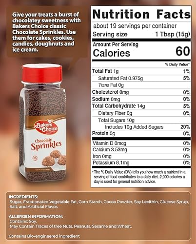 Bakers Choice Chocolate Sprinkles for Ice Cream Toppings - Chocolate Jimmies Sprinkles for Baking - Dairy Free, Kosher 10 oz.