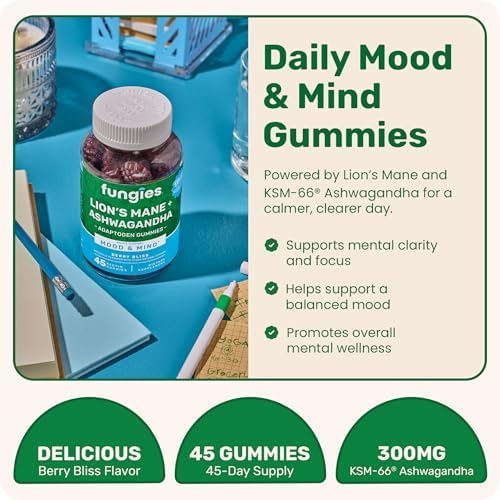 Fungies Lion's Mane KSM-66 Ashwagandha Gummies, Berry Flavor - Mushroom Supplement Adaptogen Gummy Supports Brain Health, Cognitive Function, Focus, Memory & Mood - Mind-Body Wellness, 45 Servings