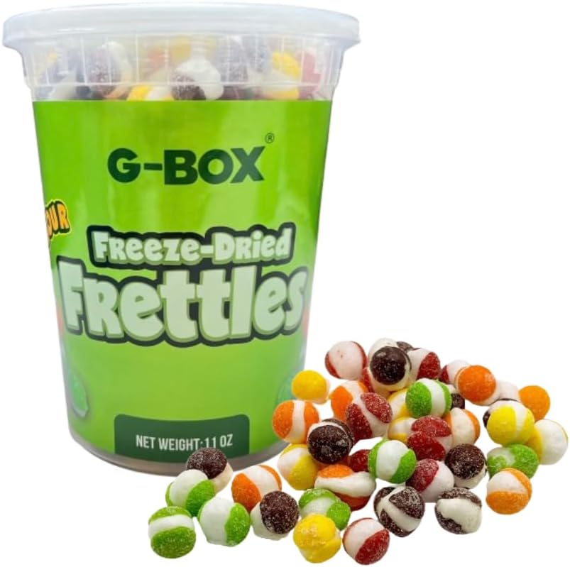 G-BOX Freeze Dried Sour Frettles, Freeze Dried Candy, TikTok Trend Items, Delightful Crunchy Fruity Flavorful Burst, Air-tight Sealed in a Deli Container (Sour - 11 OZ)