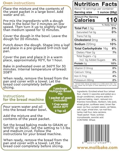 Molibake Multigrain Bread Mix – Premium All-Natural Baking Mix for Bread Machine and Oven – 15 oz – Gourmet Blend with Sunflower Seeds, Brown Flax, Pumpkin Seeds, Oat Flakes, Rye, Barley Malt, Wheat Bran – Easy-to-Use Bread Maker Mix for Homemade Baking