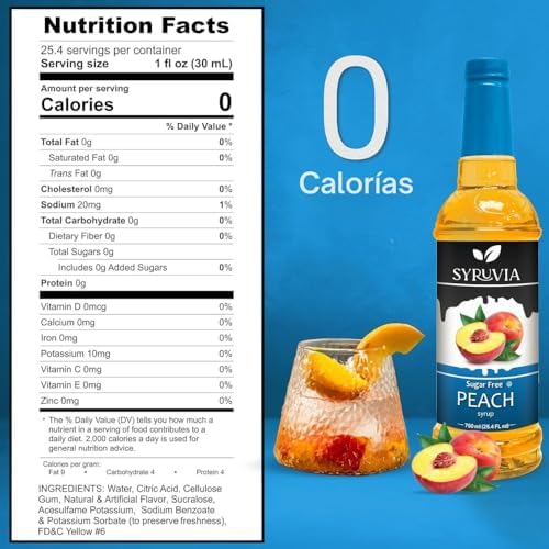 Syruvia Sugar-Free Peach Syrup, Flavored Syrup for Drinks, Cocktails, Lemonades, Iced Teas, and Desserts – 25.4 fl oz