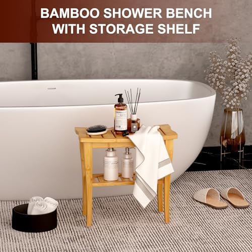 Bamboo Shower Bench Stool with Storage Shelf, Waterproof Shower Chair Spa Bath Seat, Shower Stool for Inside Shower, Bathroom Bench Seat for Adults Elderly Seniors for Indoor or Outdoor Use