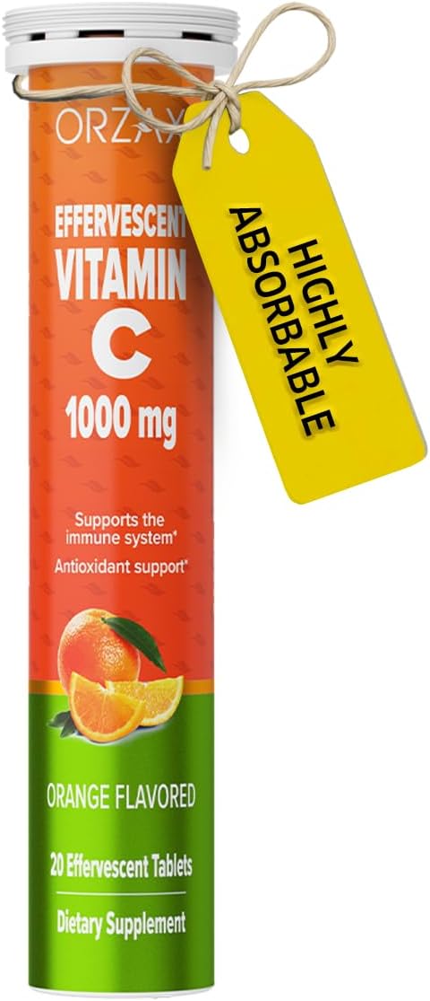 ORZAX Vitamin C 1000mg Effervescent Tablets | Dissolvable Sugar Free Immune & Antioxidant Support | Orange Flavored Fizzy Vitamin C Drink Tablets | 20 Tablets