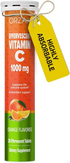 ORZAX Vitamin C 1000mg Effervescent Tablets | Dissolvable Sugar Free Immune & Antioxidant Support | Orange Flavored Fizzy Vitamin C Drink Tablets | 20 Tablets