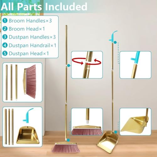 Broom and Dustpan Set Heavy Duty, Gold Stainless Steel Broom with Dustpan Combo Set, Long Handle Upright Metal Dust Pan with Comb Teeth for Pet Hair, Home, Kitchen and Office (Golden Teeth)