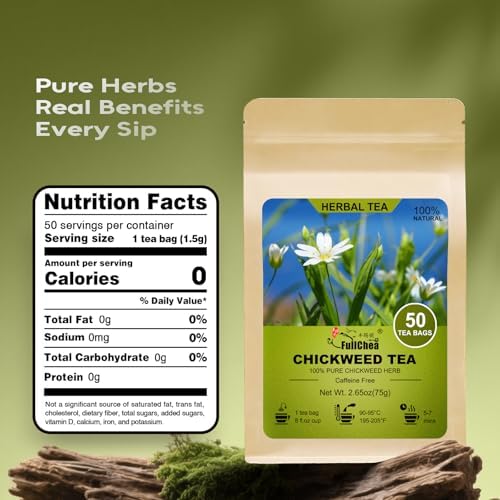 FullChea - Chickweed Tea, 50 Teabags - Premium Natural Chickweed Herb - Non-GMO - Caffeine-Free Herbal Tea - Soothe Skin & Support Respiratory Comfort