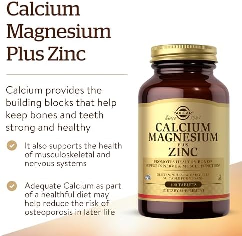 Solgar Calcium Magnesium Plus Zinc, 100 Tablets - Promotes Healthy Bones and Teeth - Supports Nerve & Muscle Function - Non-GMO, Vegan, Gluten Free, Dairy Free, Kosher - 33 Servings