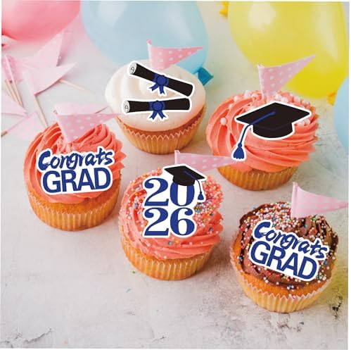 50Pcs Edible 2026 Graduation Cupcake Toppers, Wafer Paper Class of 2026 Decorations Grad Cap Cupcake Picks for 2026 Graduation Theme Party Cake Decor (Blue)