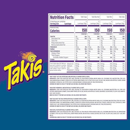 Takis 18 pc / 1 oz Variety Pack, Assorted Flavored Mixed Rolled Tortilla Chips – (5) Fuego, (5) Blue Heat, (4) Nitro, (4) Crunchy Fajitas