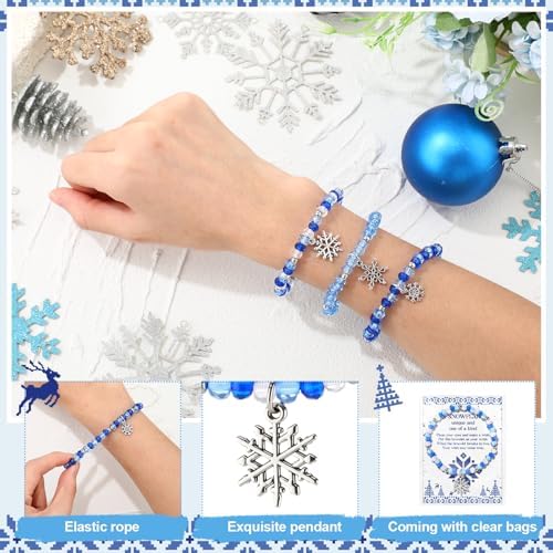 Quelay 20 Set Snowflake Party Favor Winter Filled Beaded Bracelet With Snowflake Charm Card Bag Christmas Ice Snow Jewelry Gift for Guest Xmas Holiday Birthday Party Supply Prize Goodie Bag Decor