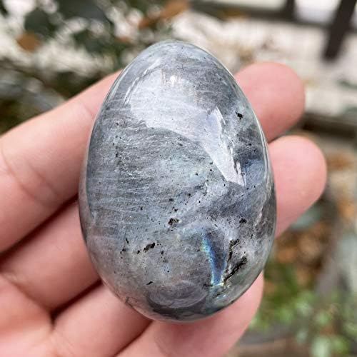 Fekuar Stone Egg Figurine, Polished Healing Crystal Easter Eggs Sphere Sculpture with Wood Stand, Moonstone, 1.8"