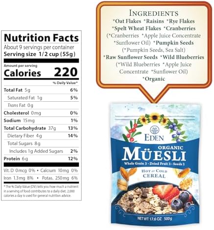 Eden Organic Muesli Cereal, Eat Hot or Cold, Oat, Rye, Wheat, and Spelt Flakes, Raisins, Cranberries, Wild Blueberries, Pumpkin and Sunflower Seeds, Overnight Oats, No Added Sugars, 17.6 oz