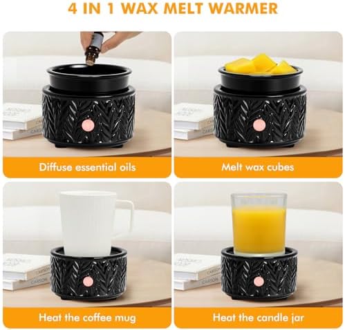 EQUSUPRO Wax Melt Warmer for Scented Wax - 4-in-1 Electric Ceramic Candle Wax Warmer Fragrance Wax Burner Melter for Home Office Decor & Gift for Women (Black Leaf)