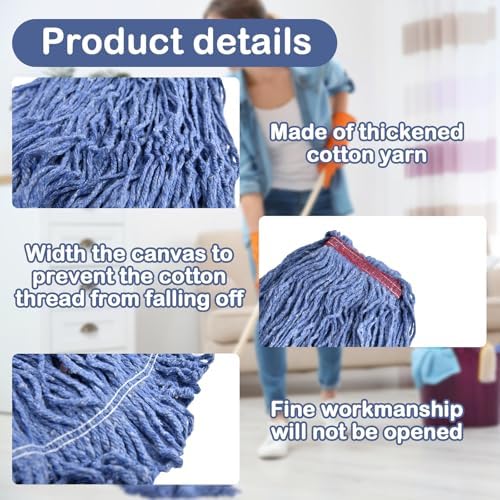 Loop-End Mop Head Replacement, 6 Pack – Commercial & Industrial Mop Heads with 1.25" Headband, Cotton Blend, Machine Washable Blue Mop Refills for Floor Cleaning