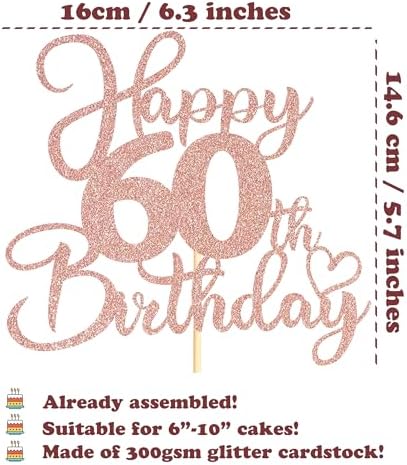 Sotpot 1 Pack 60th Birthday Cake Topper Double-sided Rose Gold Glitter Cake Pick Cake Decoration for Happy 60th Birthday Anniversary Party Decorations
