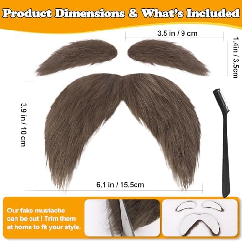 Mustache and Eyebrows Fake Beard for Adults, Self-Adhesive Cosplay Halloween Costume Accessories with Comb, Funny Party Favor