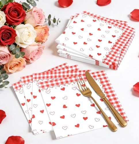 HEIPINIUYE 50 Pieces Valentine Cocktail Napkins Disposable 3-ply White and Red Heart Valentines Gingham Paper Dessert Napkins for Wedding Valentine's Day Love Party Checkered Dinner Napkin