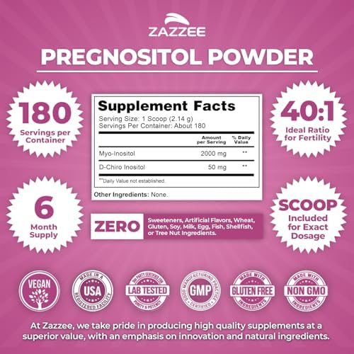 Zazzee PREGNOSITOL Powder, 6 Month Supply, Myo-Inositol and D-Chiro-Inositol 40:1 Fertility Blend, Free Scoop for Exact Dosage, Premium Balanced Formula, 180 Servings, Vegan, All-Natural and Non-GMO