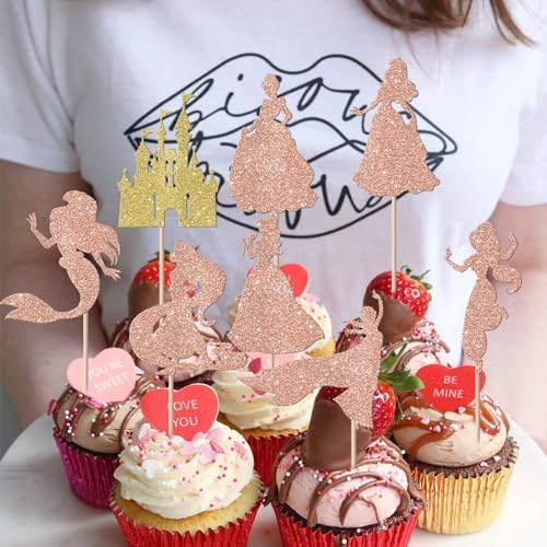 Rsstarxi 24 Pack Mermaid Birthday Cupcake Toppers Glitter Castle Girl Birthday Princess Cupcake Picks Decorations for Princess Mermaid Theme Baby Shower Birthday Party Cake Decorations Rose Gold