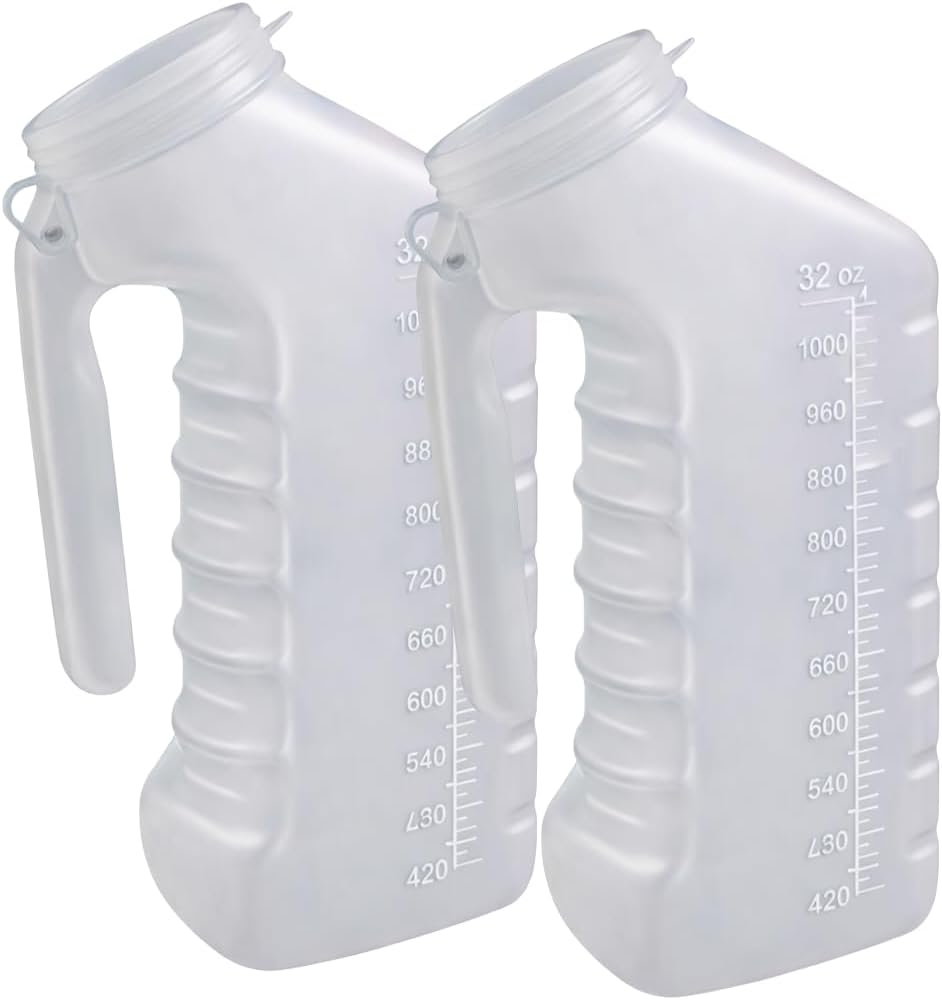 Vakly Male Urinal Bottle with Cover & Handle (Pack of 2) – Portable Handheld Pee Bottle for Men, Spill Resistant Urine Container for Bedside, Hospital, Incontinence, Emergency & Travel, Easy to Clean