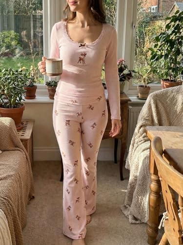 Women's Deer Embroidered Two-Piece Set - Lace Trim Long Sleeve Top & Flare Pants Outfit