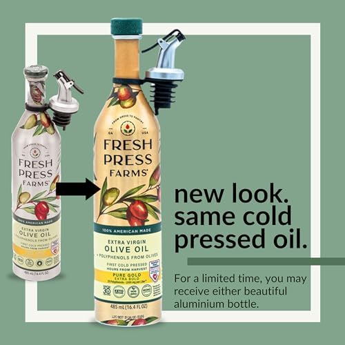 Fresh Press Farms Cold Pressed High Polyphenol Pure Gold Extra Virgin Olive Oil, 16.4 Fl Oz (Pack of 2), Georgia Grown, 100% American Made, Unrefined, Certified Whole30, Non-GMO, Keto, Paleo, Gluten Free, Packaging May Vary