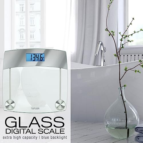 Taylor Digital Scales for Body Weight, Extra High 440 LB Capacity, Unique Blue LCD, Stainless Steel Accents Glass Platform, 12.4 x 12.4 Inches, Clear