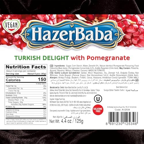 Hazer Baba Turkish Delight Candy, Pomegranate & Zereshk Flavored, 4.4oz (Pack of 1), Gourmet Snack Box, Traditional, Vegan Snack, Turkish Lokum, Sweets, Loukumi, Delicias Turcas, Halal, Kosher