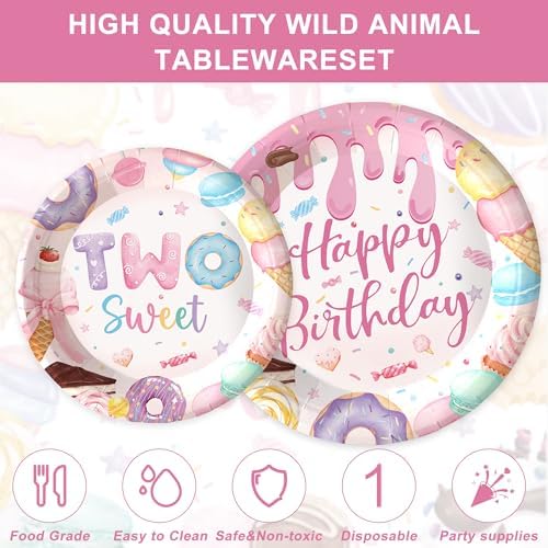 120PCS Two Sweet Birthday Party Supplies Two Sweet Donut Ice Cream Decorations for Baby Girl 2nd Second Birthday Tableware Set Plates Napkins Cups Set for 20 Guests