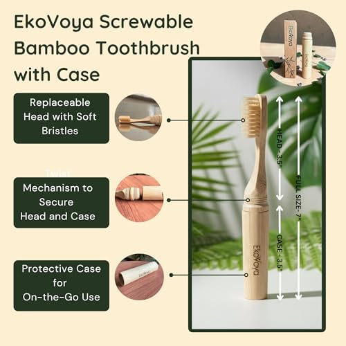 Bamboo Screwable Toothbrush with Case, 2-Piece Design, Soft BPA-Free Bristles, Natural Compact Travel Toothbrush for Camping & Daily Use