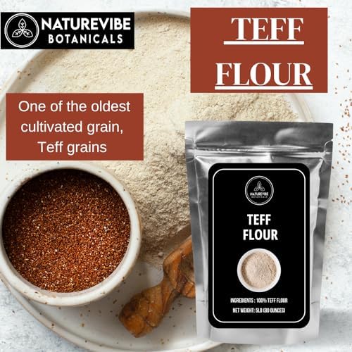 Naturevibe Botanicals Brown Teff Flour 5 lb | 100% Whole Grain & Gluten-Free | Finely Ground High Fiber & Plant Protein | Ideal for Injera, Baking, Pancakes & Healthy Recipes 80 Ounces