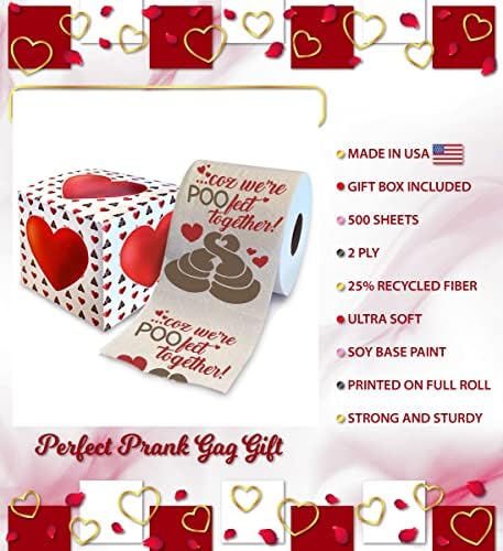 Printed TP 'Coz We're POO-fect Together Printed Toilet Paper Gag Gift - Funny Toilet Paper Roll for Valentines, Bathroom Decor, Romantic Novelty Valentines Day Gift for Him or Her - 500 Sheets
