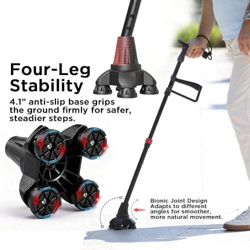 Upgraded Quad Cane Tip – Self Standing 4-Prong Crutch Tip with Metal Reinforced Plate at Cane Joint, Tire-Inspired Anti-Slip Design, Fits 3/4 inch Crutches Walking Canes & Offset Canes