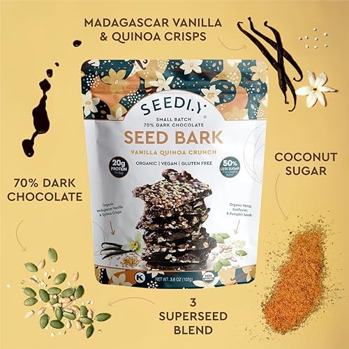 SEEDLY Organic 70% Dark Chocolate Snacking Bark with 20g Protein, 50% less sugar - Vanilla Quinoa Crunch - Keto, Vegan Snacks, Gluten-Free, Low Carb, Paleo, Non-GMO, Stevia-Free, No Weird Additives, 3.6oz (Pack of 3)