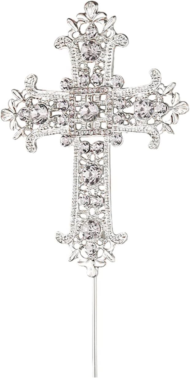 Cross Cake Topper Alloy Rhinestone Food Picks Cross Cake Decoration for Religious, Baptisms, First Communions, Wedding Birthday Party Supplies (Silver)