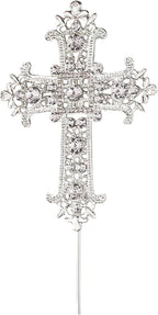 Cross Cake Topper Alloy Rhinestone Food Picks Cross Cake Decoration for Religious, Baptisms, First Communions, Wedding Birthday Party Supplies (Silver)