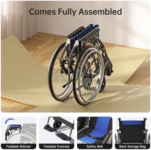Lightweight Folding Wheelchair for Adults Seniors, Self-Propelled Manual Chair Portable Transport Wheelchair with 24" Large Wheel, Swing-Away Footrest, Flip-Back Arm Support to 300lb, No Install Gray