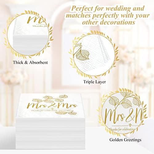 Kosiz 200 Pcs Mrs and Mrs Wedding Napkins Gold Cocktail Beverage Dessert 3 Ply Paper Napkins for Reception Lesbian Wedding Decorations for Cake Table LGBT Engagement Party Shower