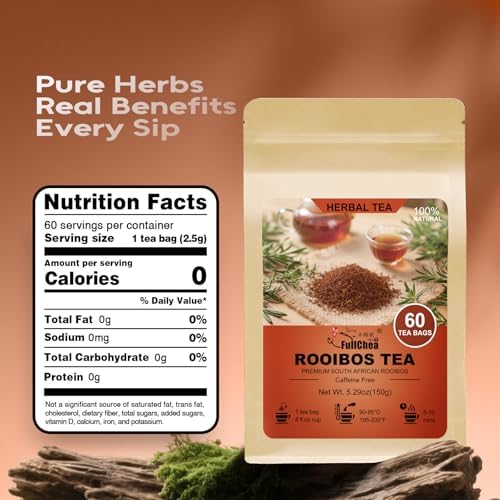 FullChea - Rooibos Tea Bags, 60 Counts - Premium South African Natural Rooibos - Non-GMO - Caffeine-Free - Antioxidant-Rich & Supports Digestion