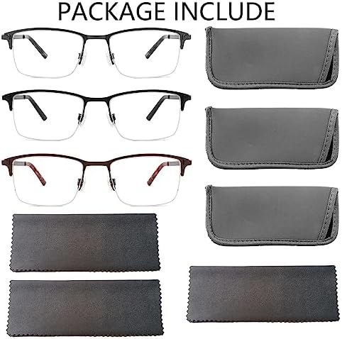 CRGATV 3-Pack Reading Glasses for Men Blue Light Blocking Fashion Metal Half Wide Frame Readers Semi Rimless Eyeglasses