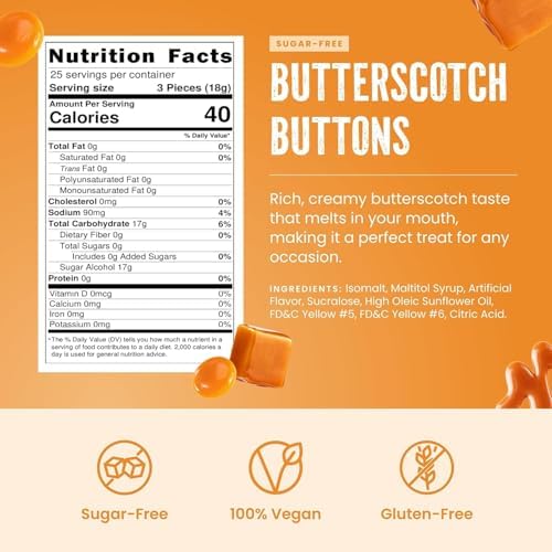Sugar Free Butterscotch Hard Candy,Bulk Individually Wrapped - Gluten Free Keto Friendly - 1 lb by nuts n more