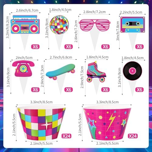 Hooqict 48 Pack 80s Cupcake Toppers and Wrappers Neon Retro Party Cupcake Topper Decorations for 80s 90s Hip Hop Neon Throwback Birthday Party Decorations Supplies