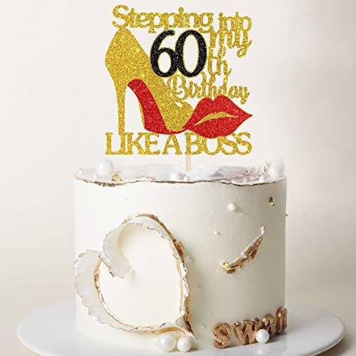 Gold Red Glitter Stepping into 60 Cake Topper - 60th Birthday Cake Decor - Stepping into My 60th Birthday Like a Boss - Happy Bday Party Cake Decorations for Women