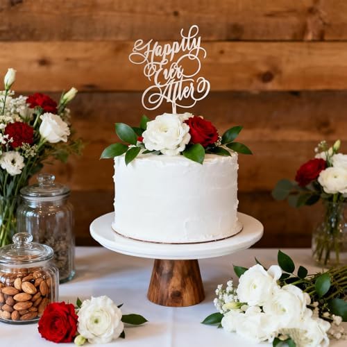 Wood Wedding Cake Topper - "Happily Ever After" Bride and Groom Cake Decor for Wedding, Engagement Party, Bridal Shower Decoration Supplies