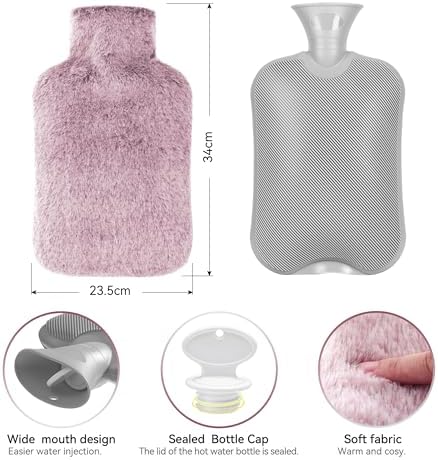 Hot Water Bottle with Luxury Cosy Faux Fur Cover, 2L Leakproof Hot Water Bag for Neck, Shoulder Pain Relief, Hot and Cold Therapies for Women,Men, Purple