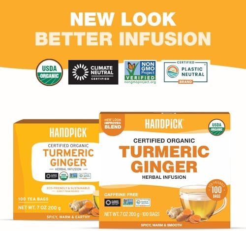 HANDPICK, Organic Turmeric Ginger Tea (100 Tea Bags) | Herbal Tea, Strong Spicy Flavor, Caffeine Free, Daily Wellness Tea, Smooth & Warming Infusion | Non-GMO, Gluten Free | Ecofriendly Tea Bags